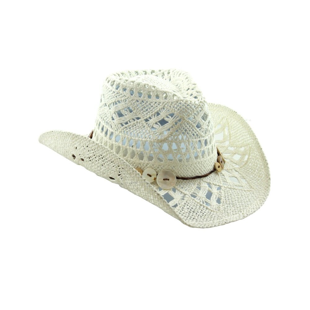 1745 White Boho Hip Cowgirl Hat, Lace-look Straw W/raffia Band- Shapeable